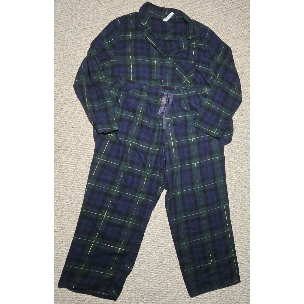 Sleep Cacique Lane Bryant Pajamas Set Green Blue Plaid Plus Size 18/20